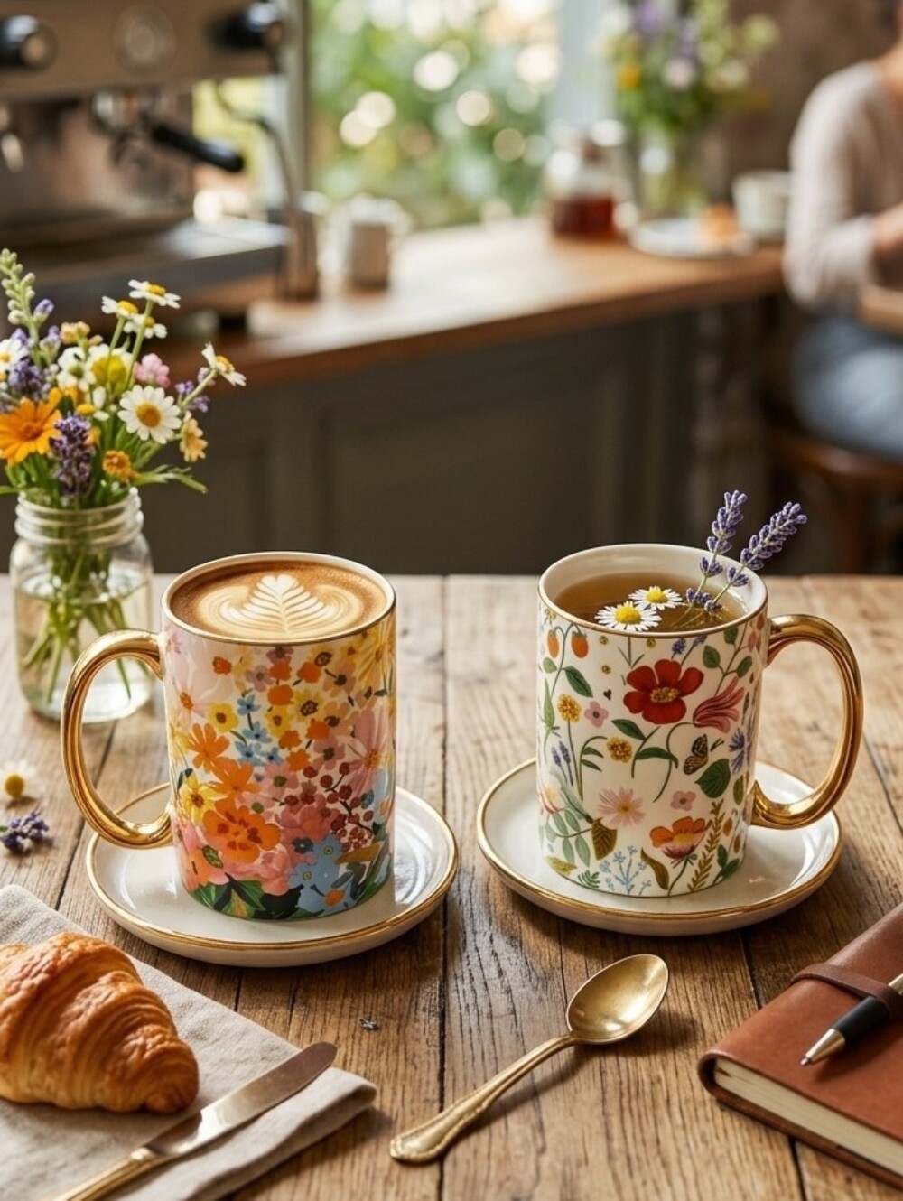 Anthropologie Rifle Paper Co. Floral Mugs - Set of 2 - Gold Handle